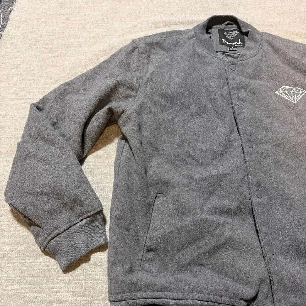 Diamond Supply Co. Jacket Mens Large Gray Fleece Varsity Snap Button Lined